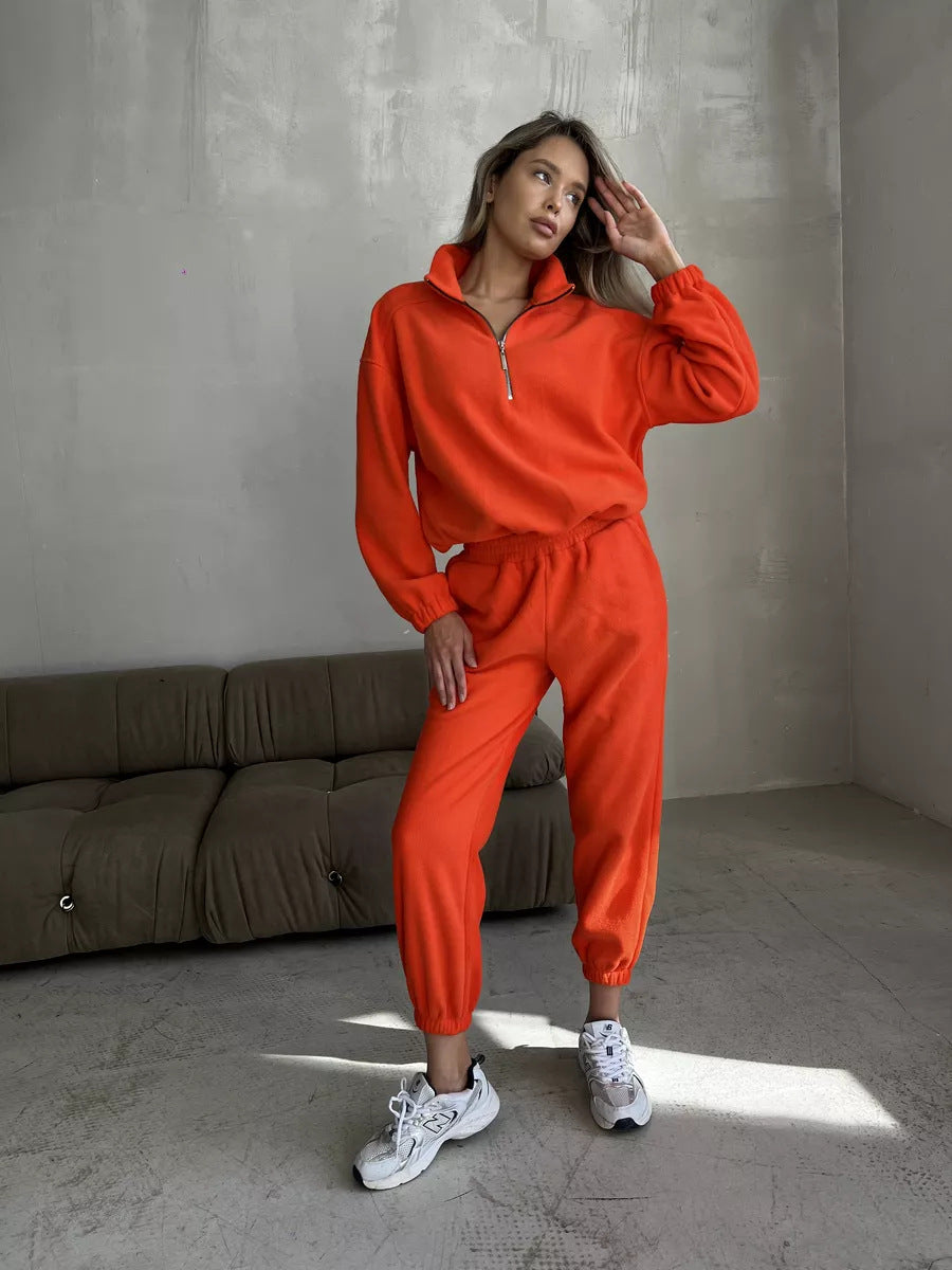 Damen lässiges Fleece-Jogginganzug Set mit Stehkragen und halbhohem Reißverschluss EB
