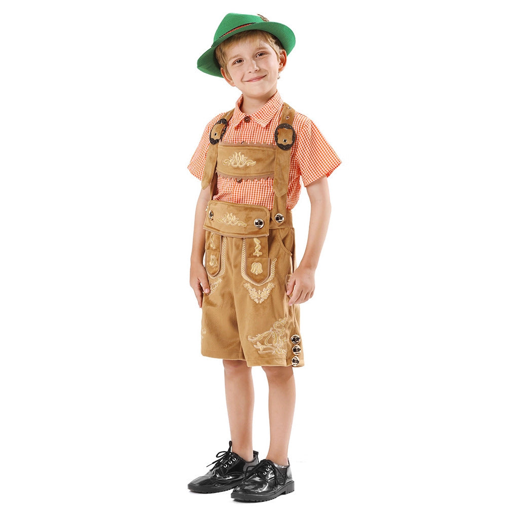 Herren nan traditionelle Kinderlederhose kurz mit aufwendiger Stickerei, Latztasche und verstellbaren Trägern EB