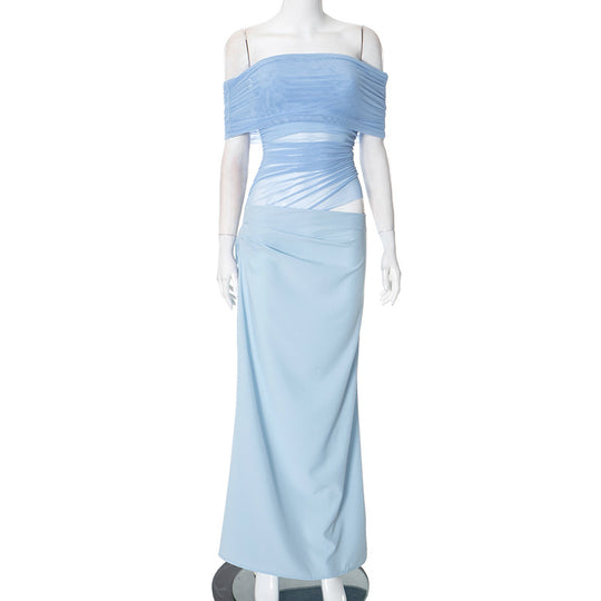 EB | Ein-Wort-Kragen-Plissee-Kleid aus Mesh mit diagonaler Spanne