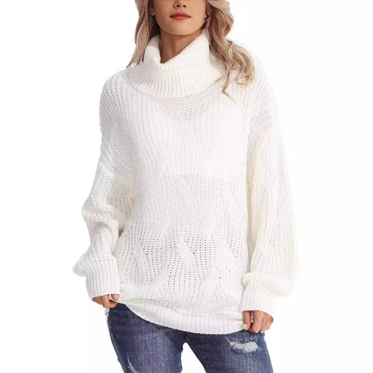 Damen Weicher Strickpullover mit hohem Kragen und Kabelmuster EB
