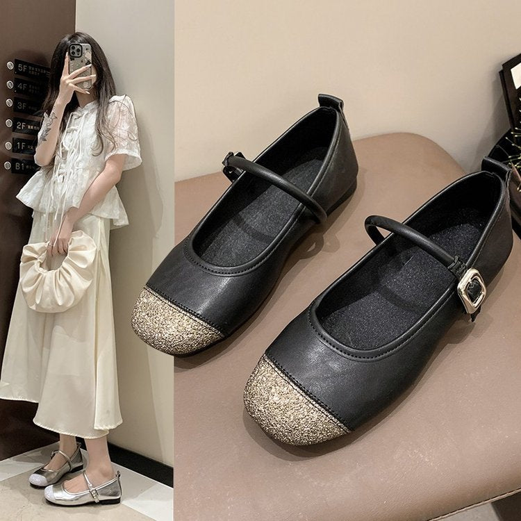 Damen elegante Ballerinas mit funkelndem Zehenbereich und dekorativem Riemen EB