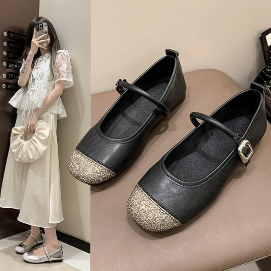 Damen elegante Ballerinas mit funkelndem Zehenbereich und dekorativem Riemen EB