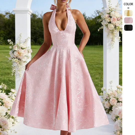 Damen Elegantes Halterneck-Midi-Kleid mit detaillierter Spitzenverarbeitung EB