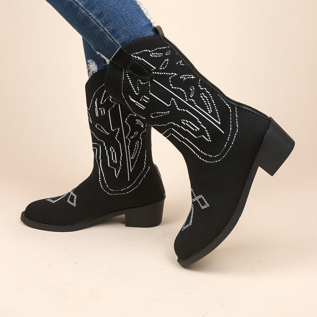 Damen Cowboy-Stiefel mit kunstvollem Stickdesign und robustem Absatz EB