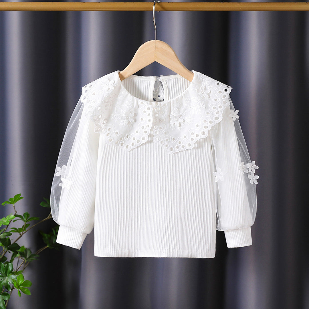 Mädchen Bluse mit voluminösen Tüllärmeln und aufwändigen Blumenstickereien EB