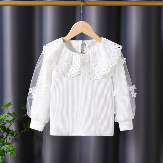 Mädchen Bluse mit voluminösen Tüllärmeln und aufwändigen Blumenstickereien EB