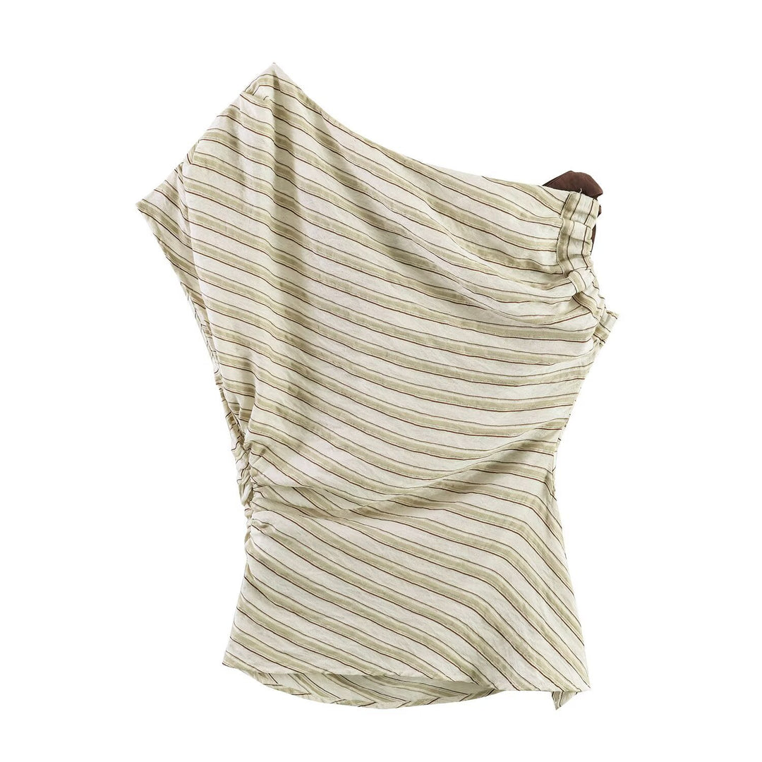 Damen asymmetrisches Oberteil mit eleganter Bindegurtdetail und feinen Streifen EB