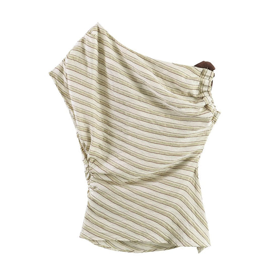 Damen asymmetrisches Oberteil mit eleganter Bindegurtdetail und feinen Streifen EB