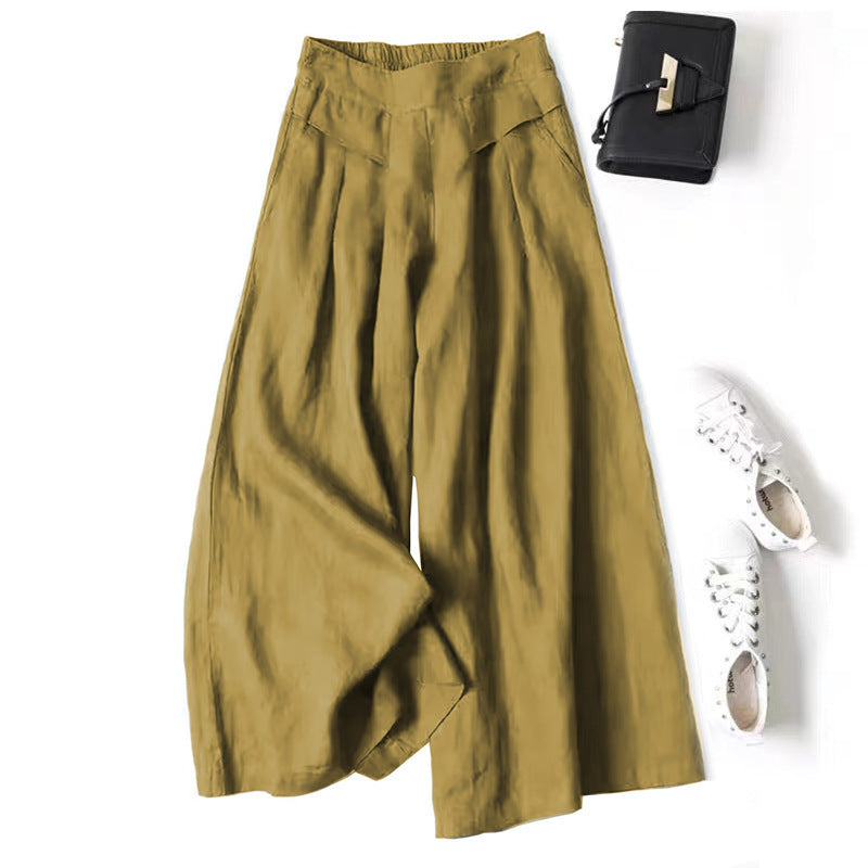 Damen Weit geschnittene Leinenhose mit hohem Bund und eleganten Falten EB