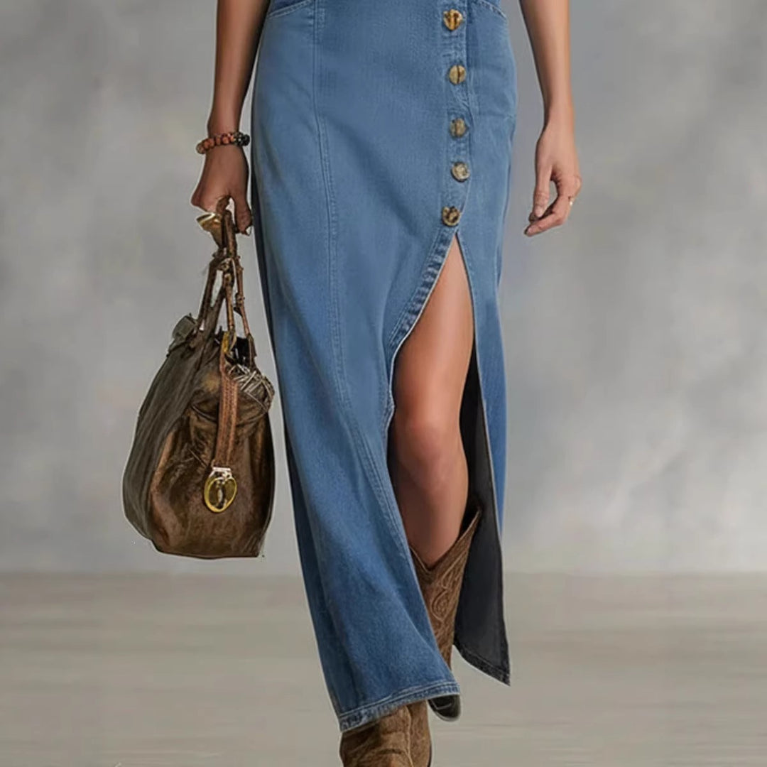 Damen Langes Denim Kleid mit hohen Schlitz und Knopfdetails EB