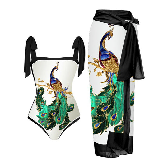 Damen Einteiler Badeanzug mit elegantem Wickelrock und modischen Riemen EB