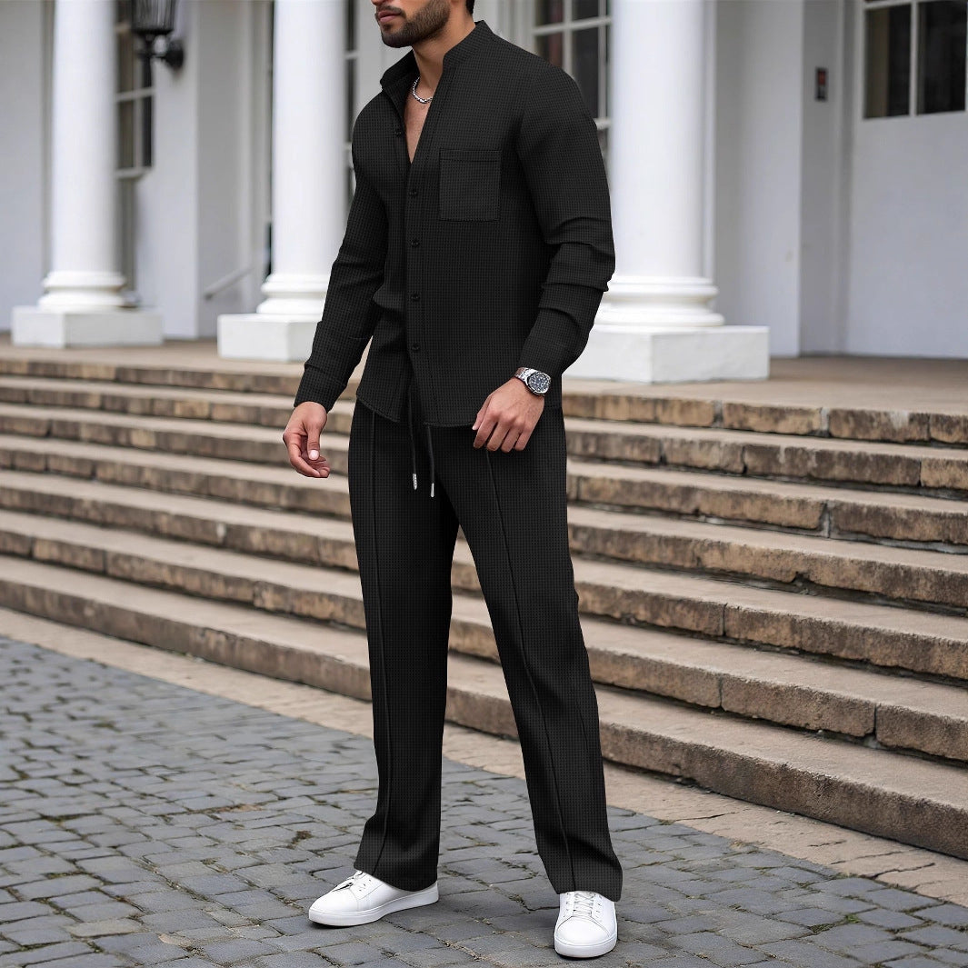 Herren nan lässiges Hemd-Hose Lounge-Set aus strukturiertem Baumwollmischgewebe EB