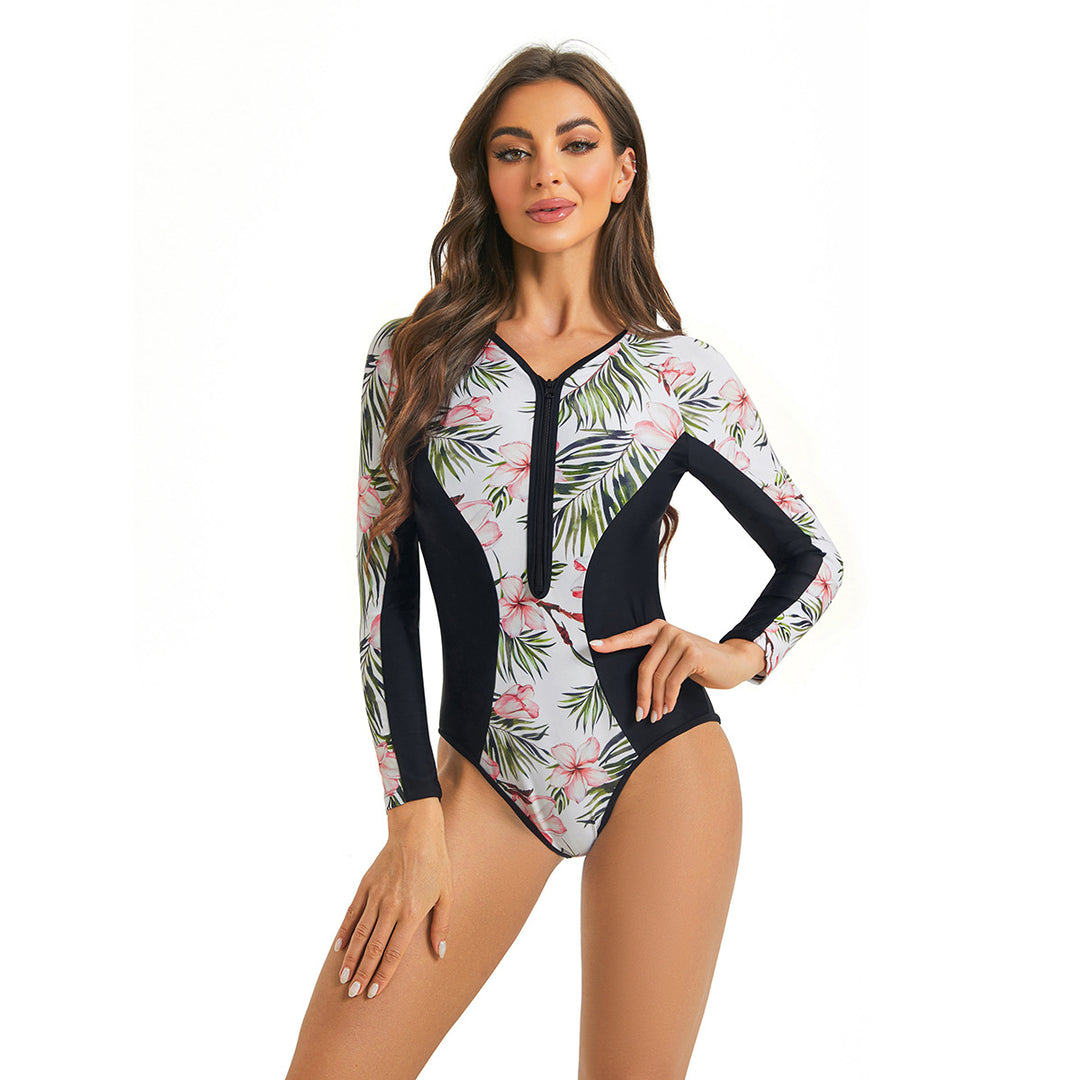 Damen Sportlicher Langarm Badeanzug mit floralem Grafikdesign EB