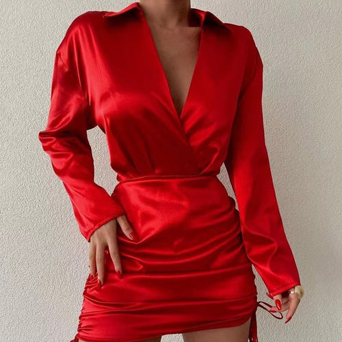 Damen Elegantes Wickelkleid mit langem Arm und verstellbarem Saum EB