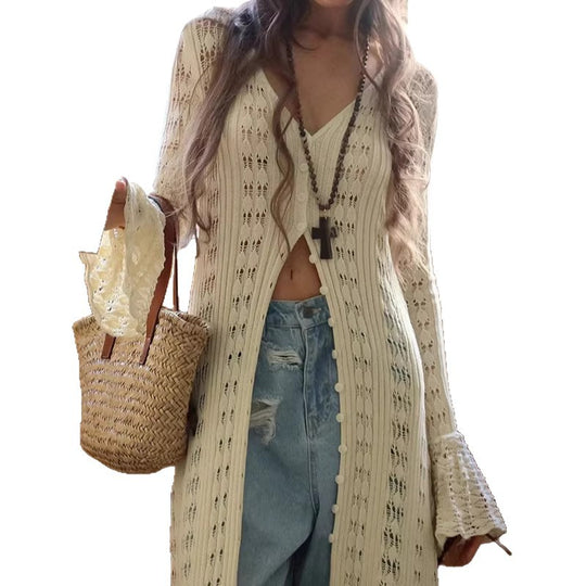 Damen Langer Häkelstrick-Cardigan mit Glockenärmeln und Offener Front EB