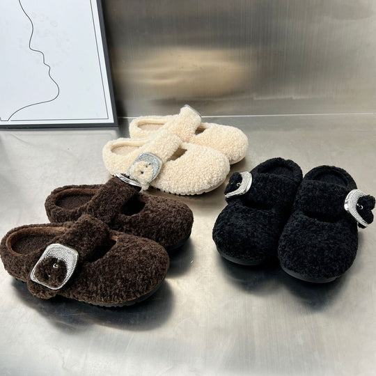 Damen Flauschige Hausschuhe mit modischem Schnallen-Design EB