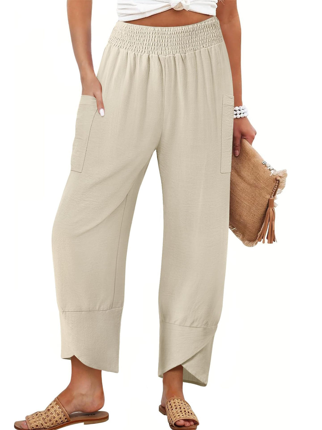 Damen Weite Sommerhose mit elastischem Bund und praktischen Taschen EB