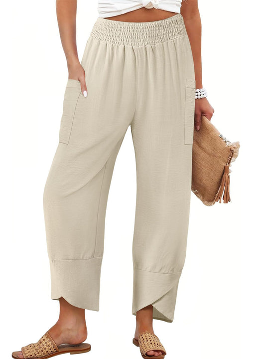 Damen Weite Sommerhose mit elastischem Bund und praktischen Taschen EB