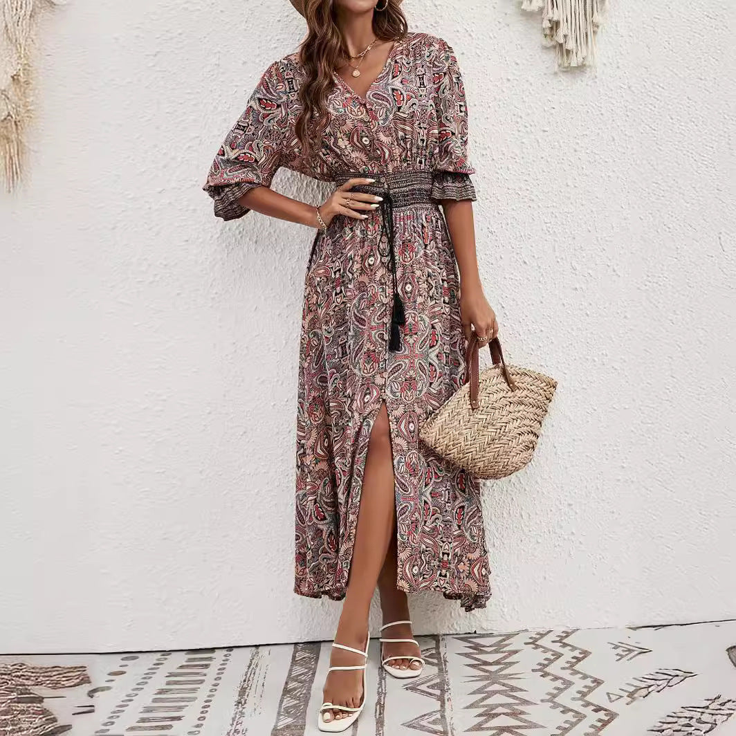 Damen Maxikleid mit abnehmbarem Taillengürtel und kunstvollem Muster EB