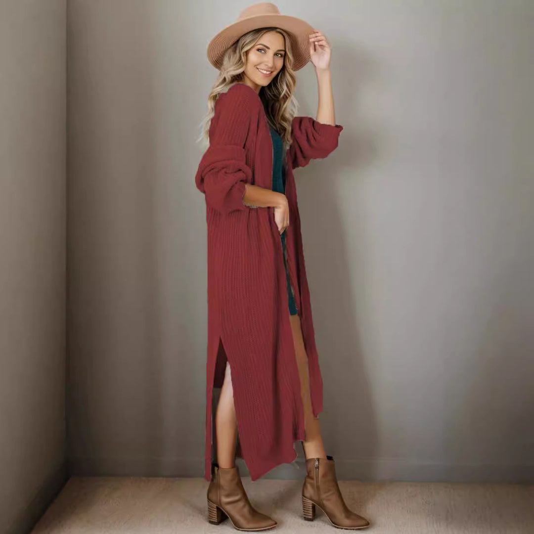 Damen lange Strickjacke in lässiger Rippstruktur mit offenen Ärmeln und Taschen EB