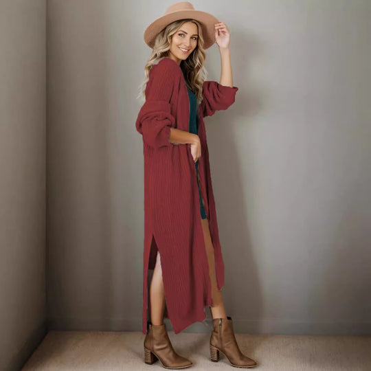 Damen lange Strickjacke in lässiger Rippstruktur mit offenen Ärmeln und Taschen EB
