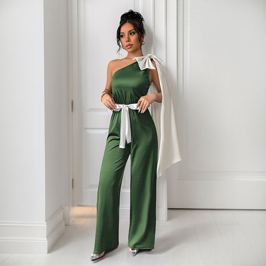 Damen eleganter Jumpsuit mit asymmetrischem Ausschnitt und dekorativem Taillengürtel EB