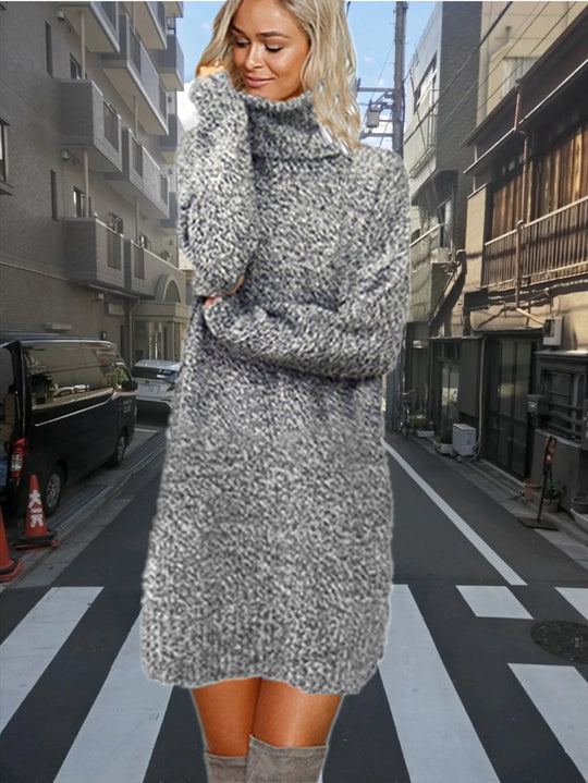 Damen Strickkleid mit hohem Kragen aus kuscheligem Material EB