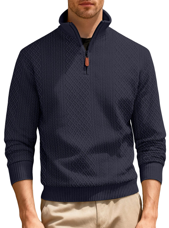 Herren nan feinstrukturierter Halbzip-Pullover im Jacquard-Relief mit hohem Stehkragen und Leder-Zipper EB