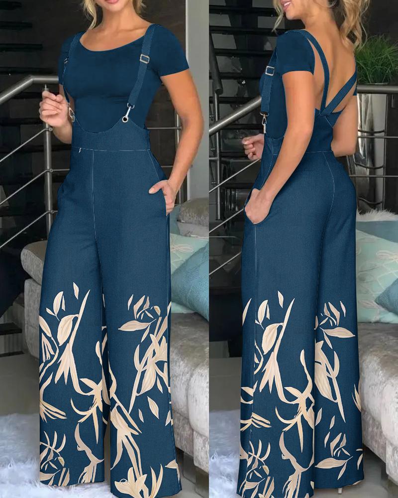 Damen modische Latzhose mit weitem Bein und buntem Grafikdesign EB