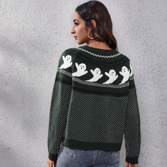 Damen Strickpullover mit gruseligem Geister-Motiv EB