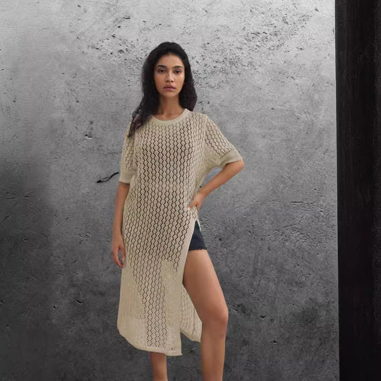 Damen Langer Strick-Kimono mit offenem Design und atmungsaktiver Maschenstruktur EB
