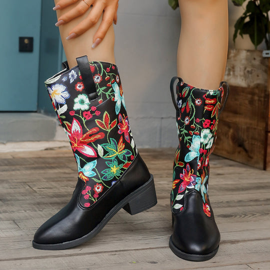 Damen Cowboy-Stiefel mit floralem Stickmotiv und komfortablem Blockabsatz EB