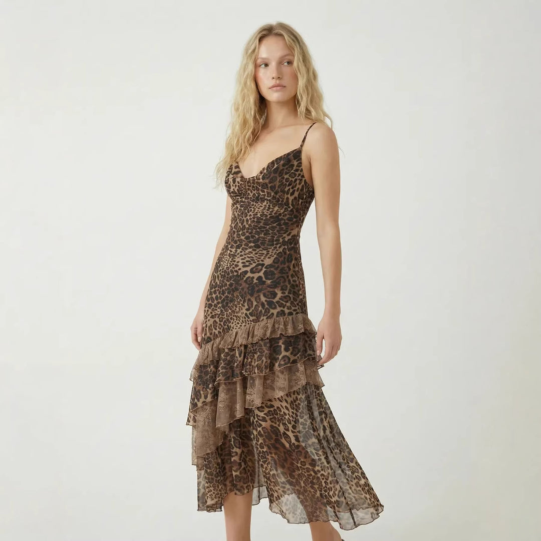 Damen elegantes Midikleid mit asymmetrischem Volant und Animal-Print EB
