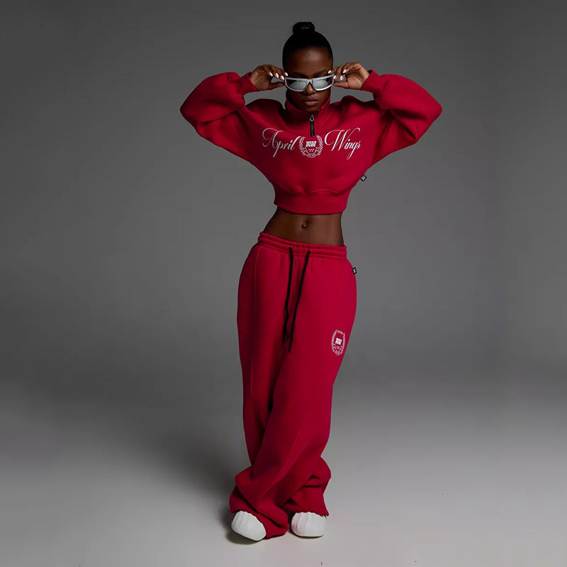 Damen Cropped Halbzip-Sweatshirt mit weitem High‑Waist Loungehose Set EB