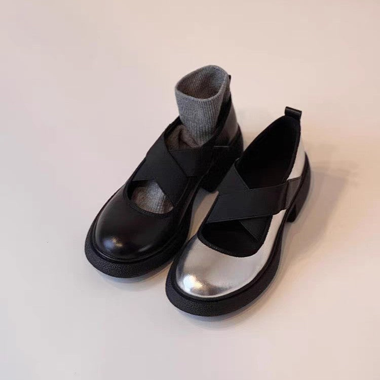 Damen elegante Plateauschuhe mit metallischer Oberfläche und modischem Überkreuz-Riemen EB