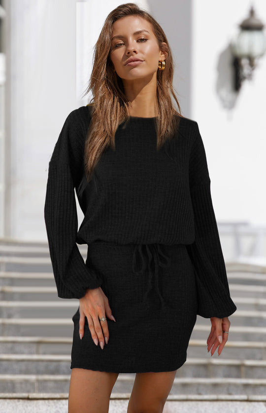 Damen Strickkleid mit elastischem Taillenbund und lässigen Puffärmeln EB