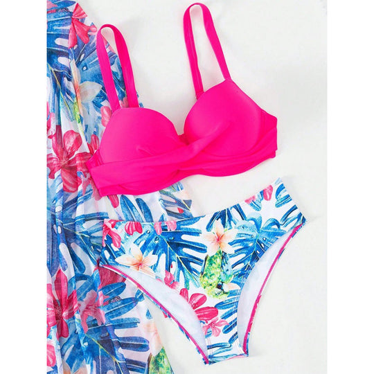 Damen bikini set mit floralem Überwurf und glamourösen Details EB