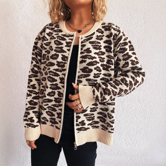 Damen Strickjacke mit modernem Leopardenmuster und Zipperdetails EB