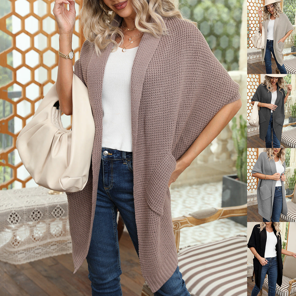 Damen lässiger Strickmantel mit praktischen Taschen und offener Front EB