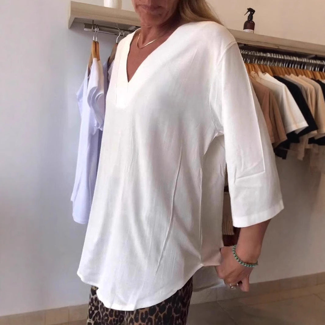 Damen Oversize Tunika mit modernem V-Ausschnitt und lässigen Ärmeln EB