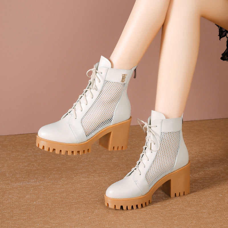 Damen Schnürstiefeletten mit elegantem Mesh-Einsatz und robustem Blockabsatz EB