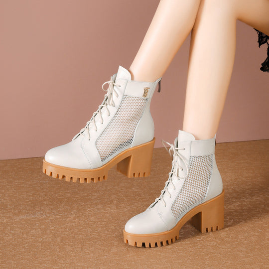 Damen Schnürstiefeletten mit elegantem Mesh-Einsatz und robustem Blockabsatz EB