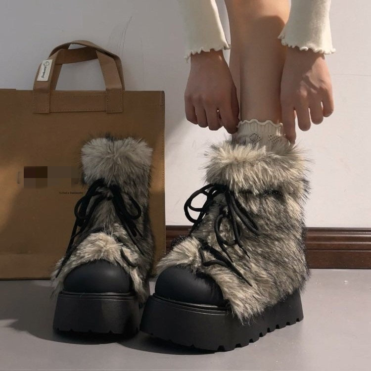 Damen Winterliche Schnür-Boots mit modischem Fellkragen und rutschfester Sohle EB