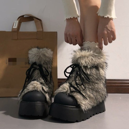 Damen Winterliche Schnür-Boots mit modischem Fellkragen und rutschfester Sohle EB