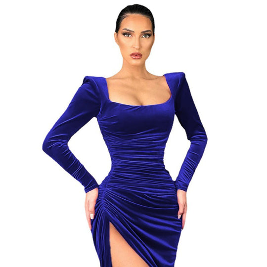 Damen Raffiniertes Stretch-Kleid mit asymmetrischem Schlitz und langen Ärmeln EB