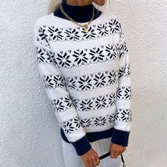 Damen Strickpullover mit Wintermotiv und hochgeschlossenem Kragen EB