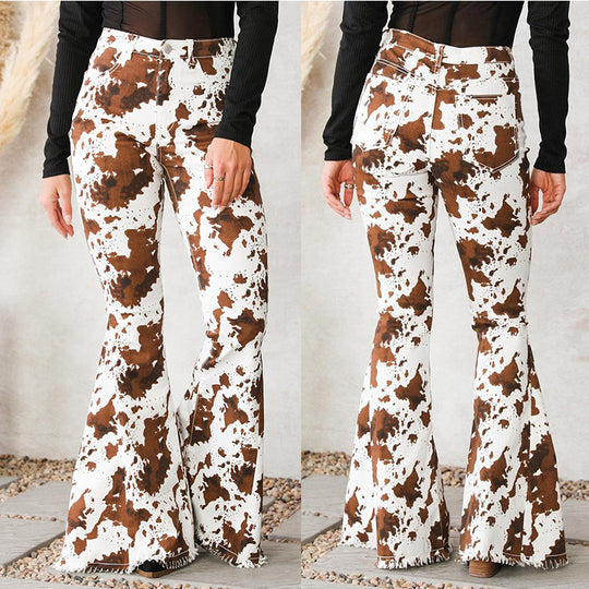 Damen Flared Jeans mit auffälligem Kuhflecken-Muster EB