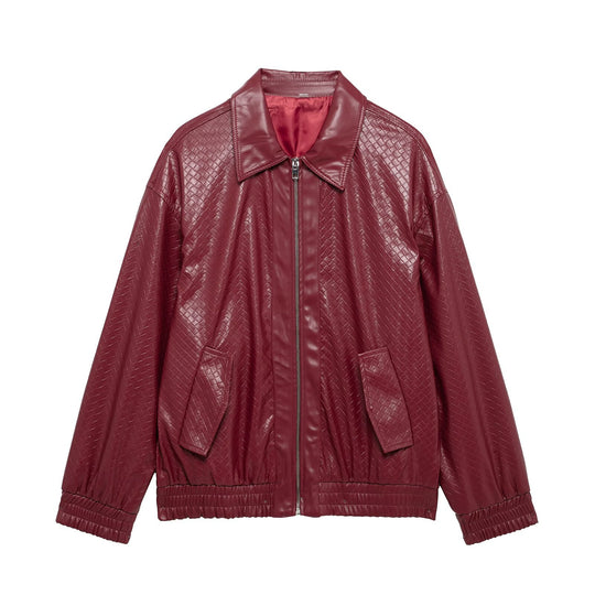 Damen modische Kunstlederjacke mit strukturiertem Design und elastischem Bund EB