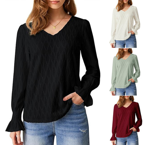 Damen modische V-Ausschnitt Bluse mit raffinierten Rüschendetails EB