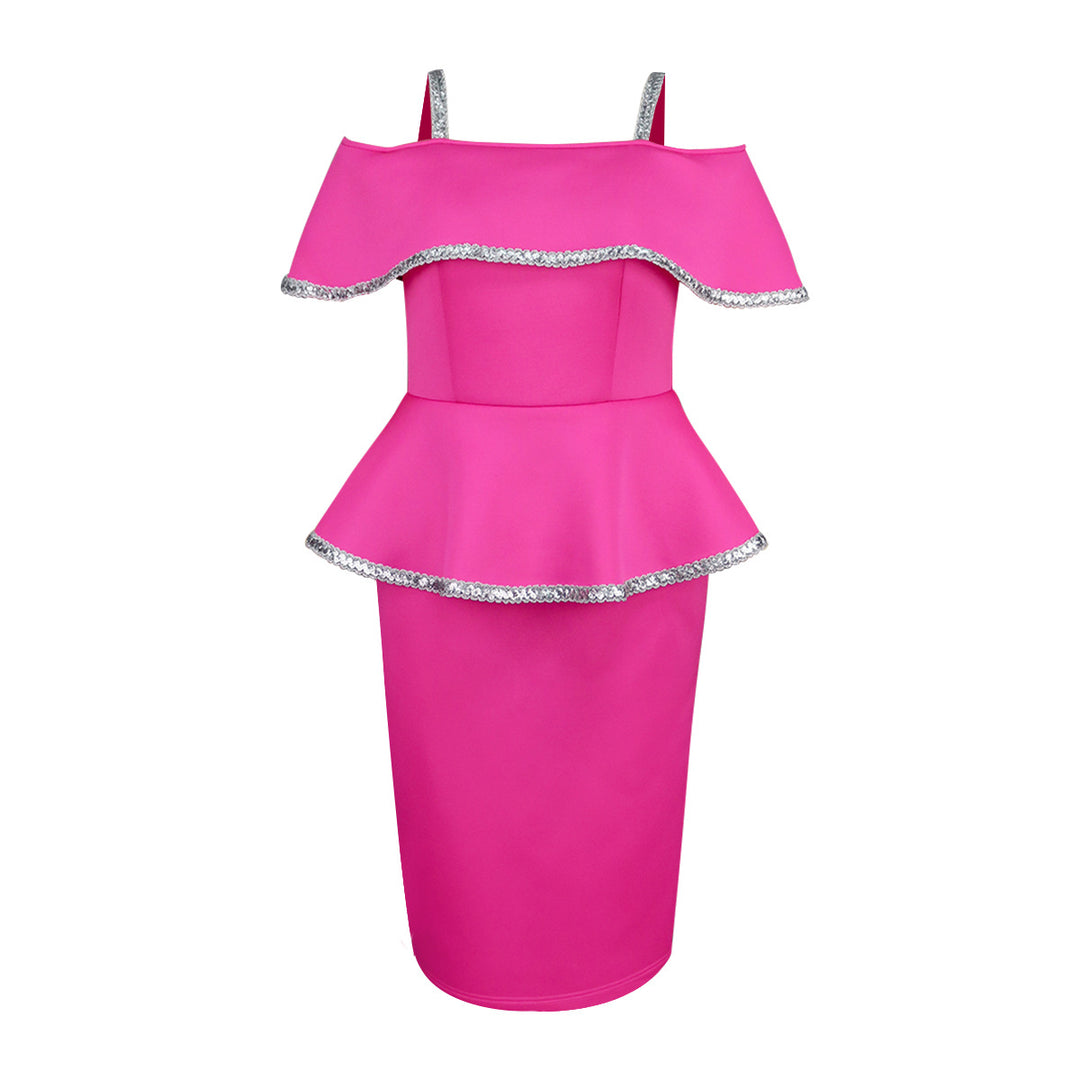 Damen elegantes Peplum-Kleid mit schulterfreiem Design und Glitzerdetails EB